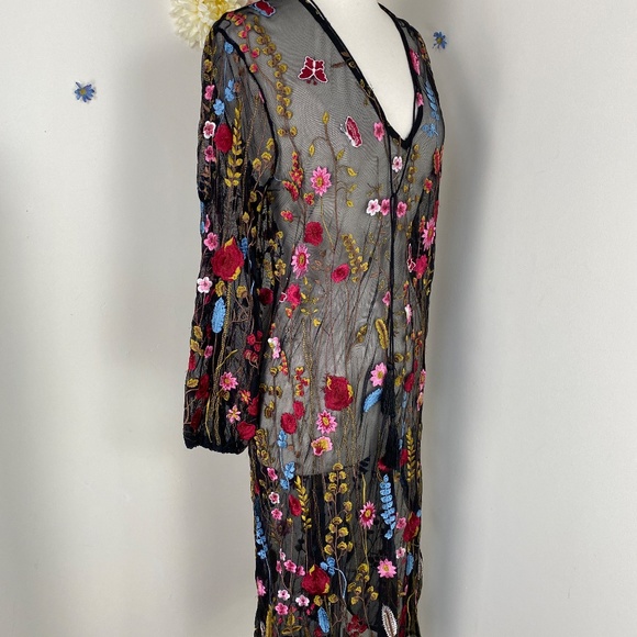 Semi Sheer Floral Embroidered Boho Maxi Dress Size Small/Medium - Picture 9 of 11